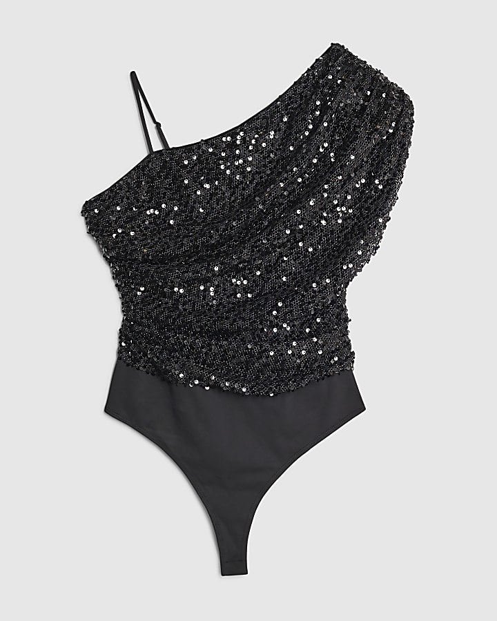 Black Sleeveless One Shoulder Sequin Bodysuit