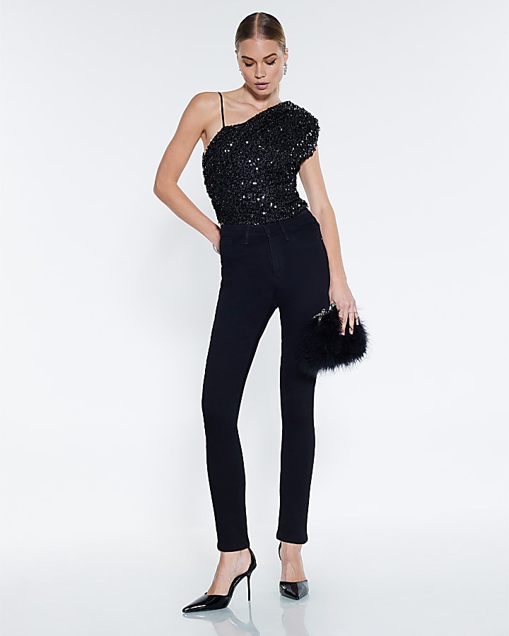 Black Sleeveless One Shoulder Sequin Bodysuit