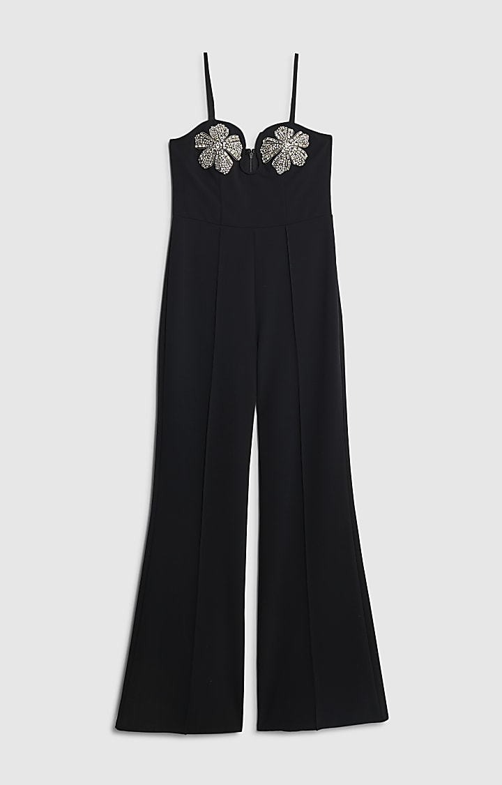 Black Embellished Flower Bandeau Jumpsuit