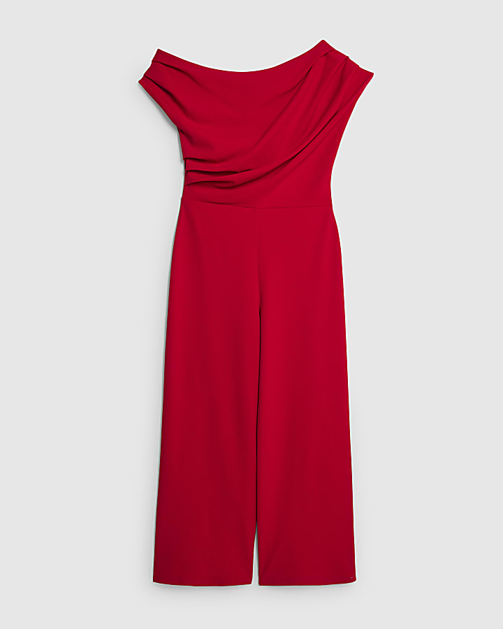 Petite Red One Shoulder Drape Jumpsuit