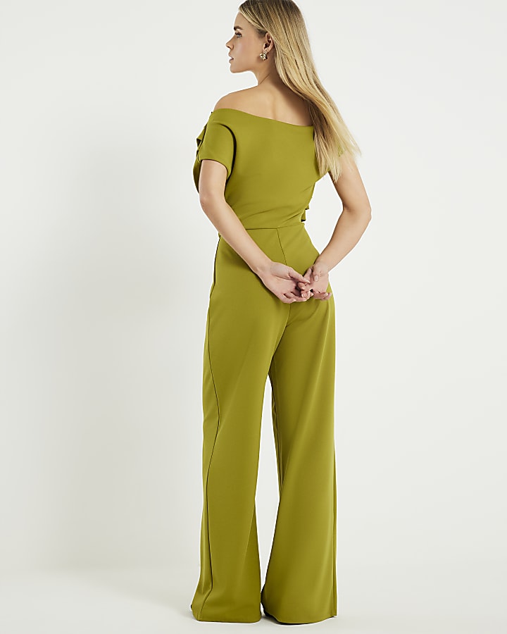 Petite Green One shoulder Draped Jumpsuit