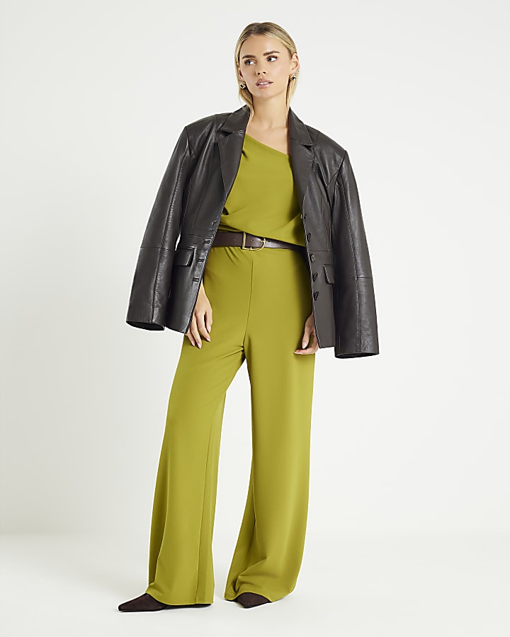 Petite Green One shoulder Draped Jumpsuit