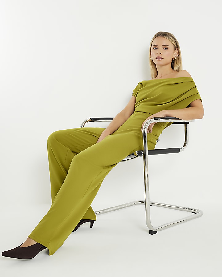 Petite Green One shoulder Draped Jumpsuit