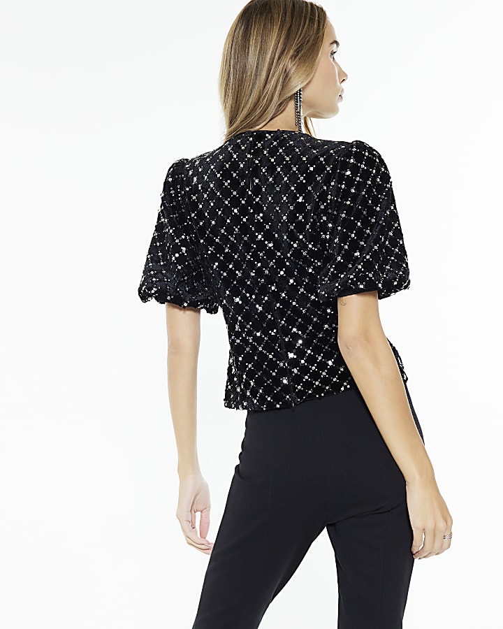 Black Velvet Short Sleeve Bow Sequin Top
