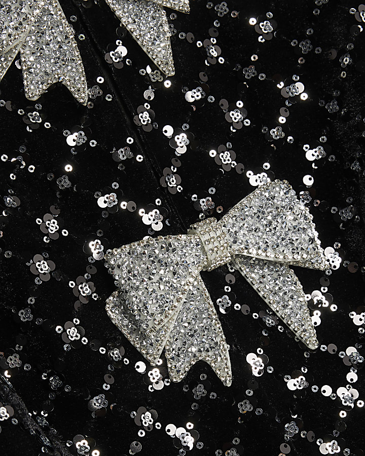 Black Velvet Short Sleeve Bow Sequin Top