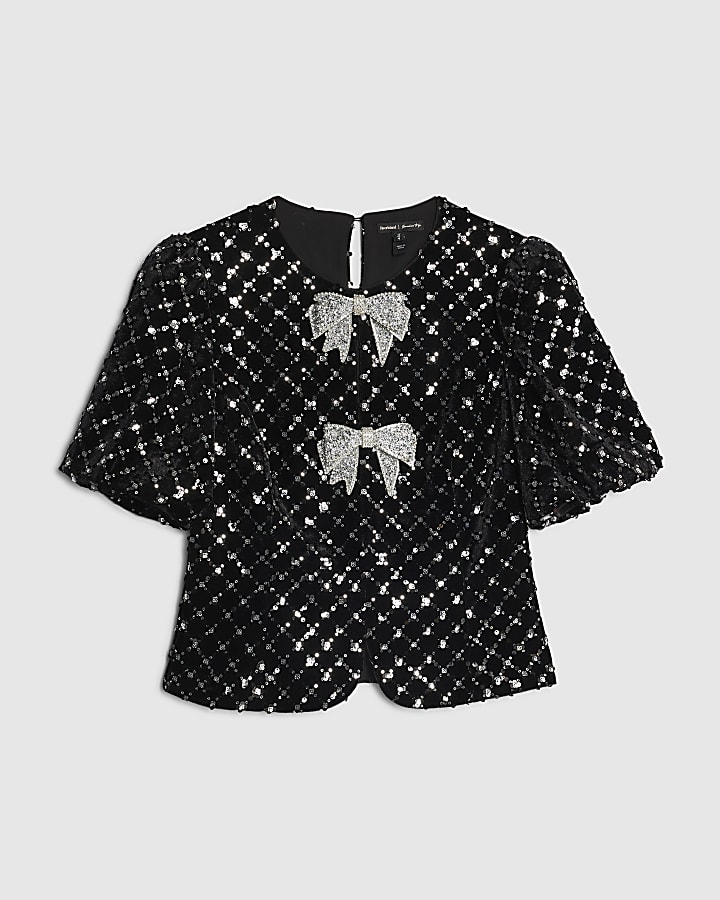 Black Velvet Short Sleeve Bow Sequin Top
