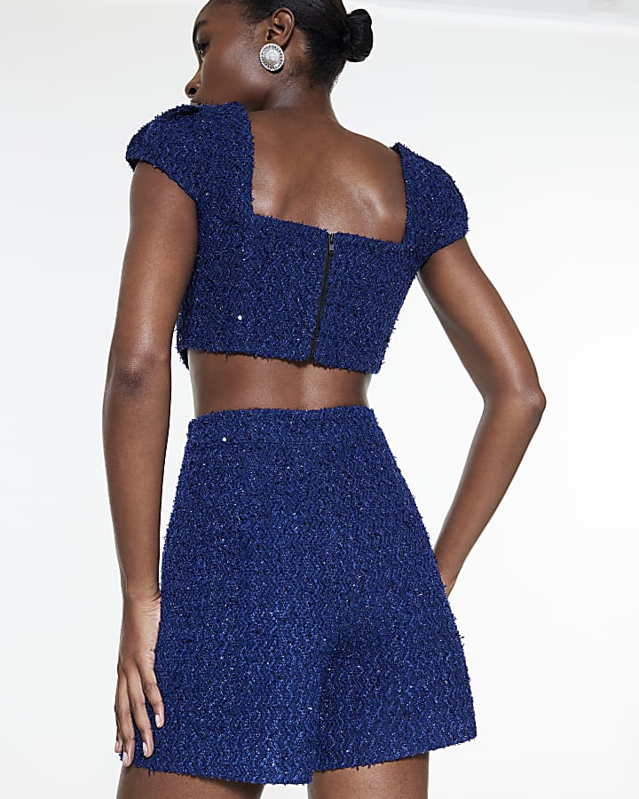 Navy Boucle Short Sleeve Embellished Crop Top