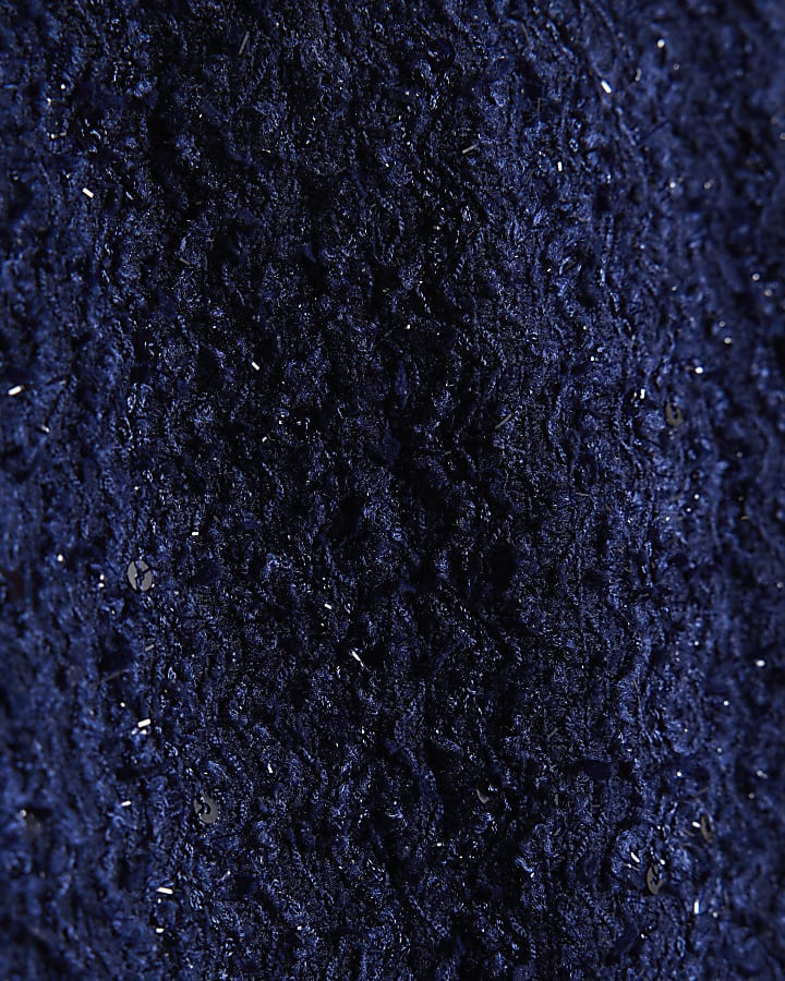 Navy Boucle Short Sleeve Embellished Crop Top