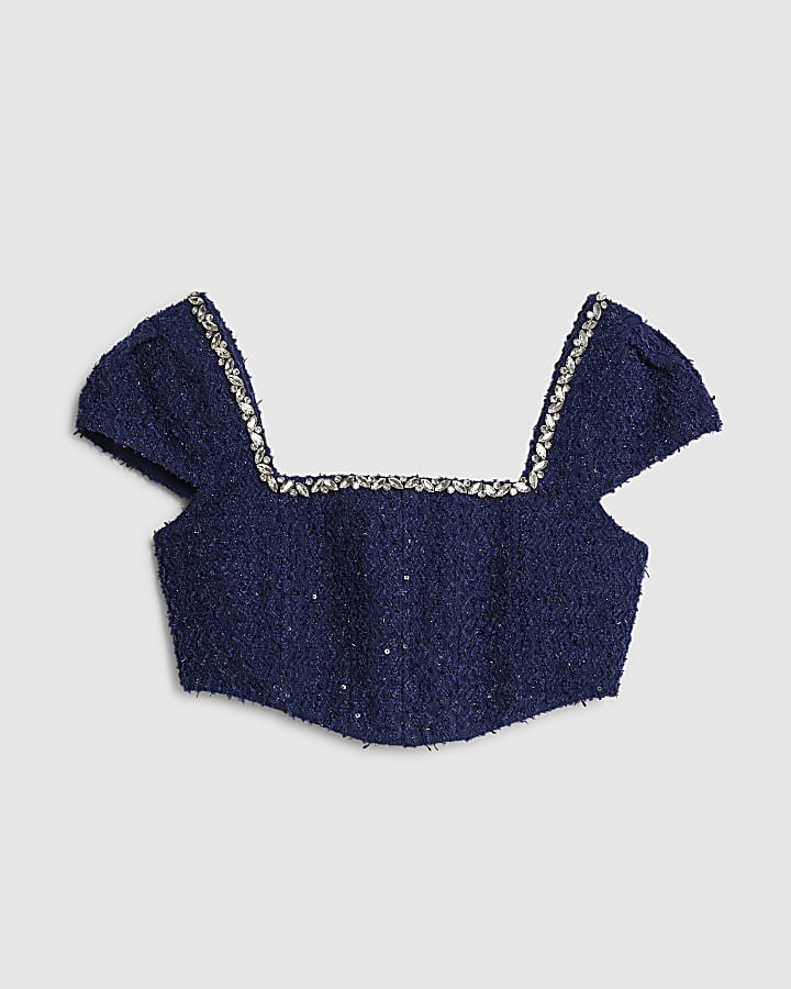 Navy Boucle Short Sleeve Embellished Crop Top