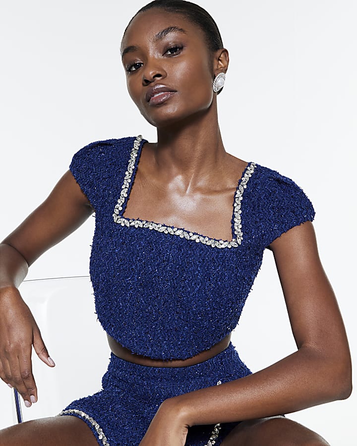 Navy Boucle Short Sleeve Embellished Crop Top