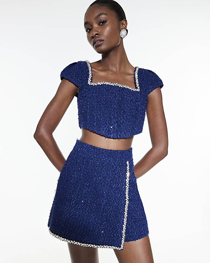 Navy Boucle Short Sleeve Embellished Crop Top