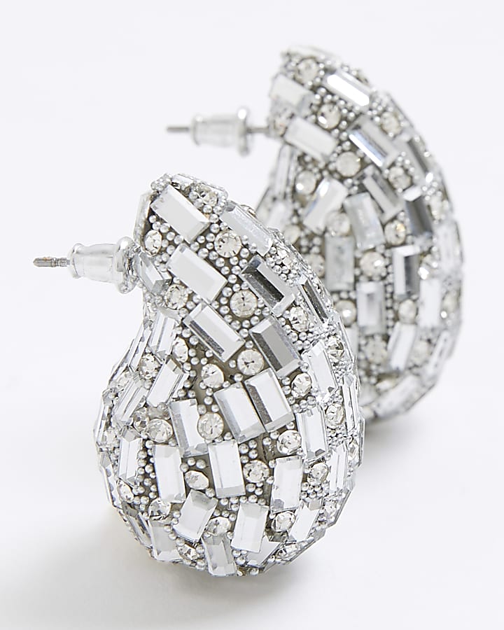 Silver Diamante Domed Earrings