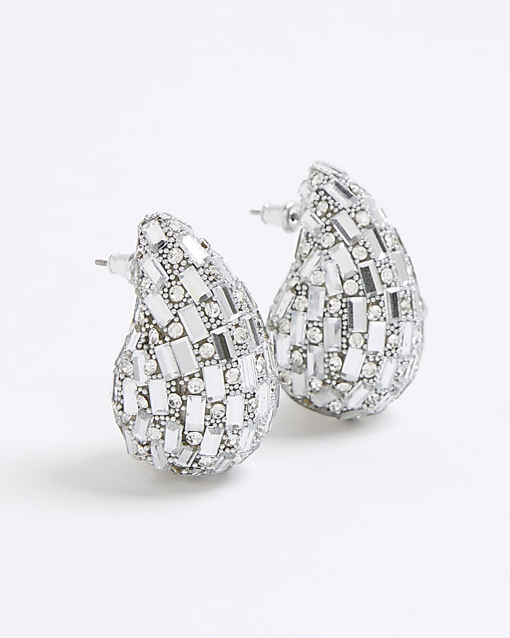 Silver Diamante Domed Earrings