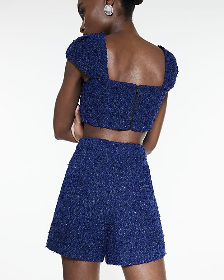 Navy Boucle Embellished Skort
