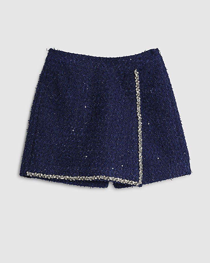 Navy Boucle Embellished Skort
