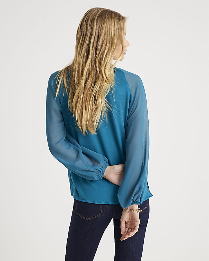 Blue Jersey Back Pleated Long Sleeve Top