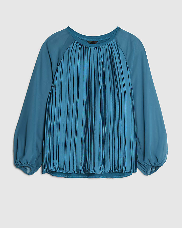 Blue Jersey Back Pleated Long Sleeve Top