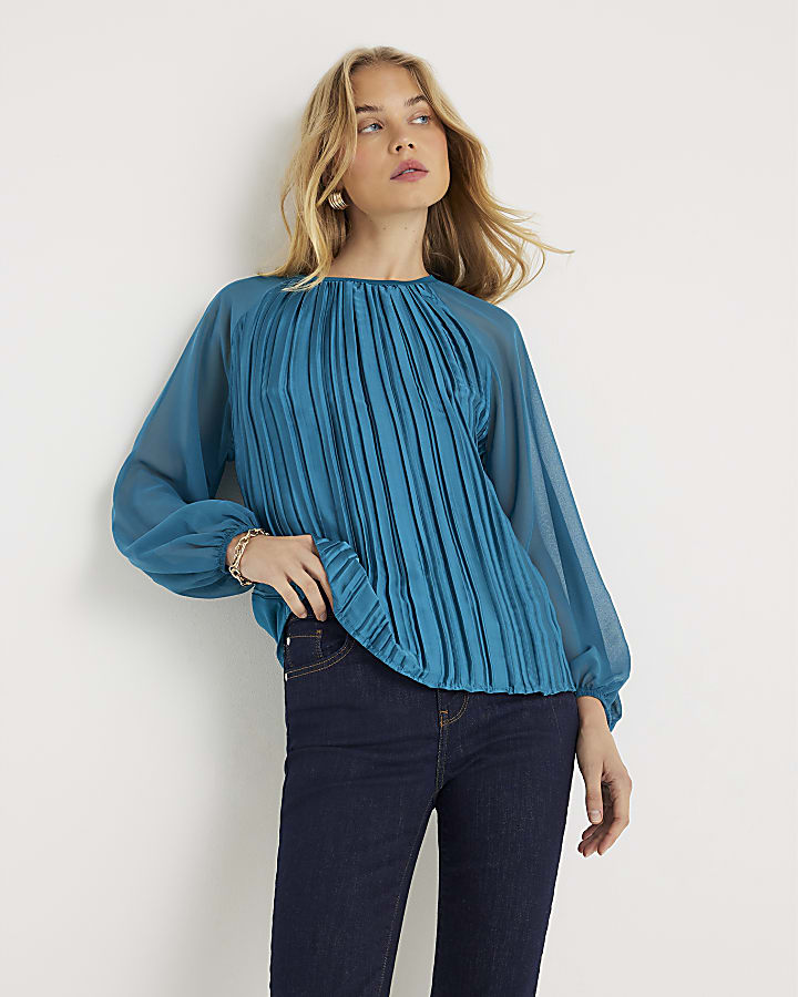 Blue Jersey Back Pleated Long Sleeve Top