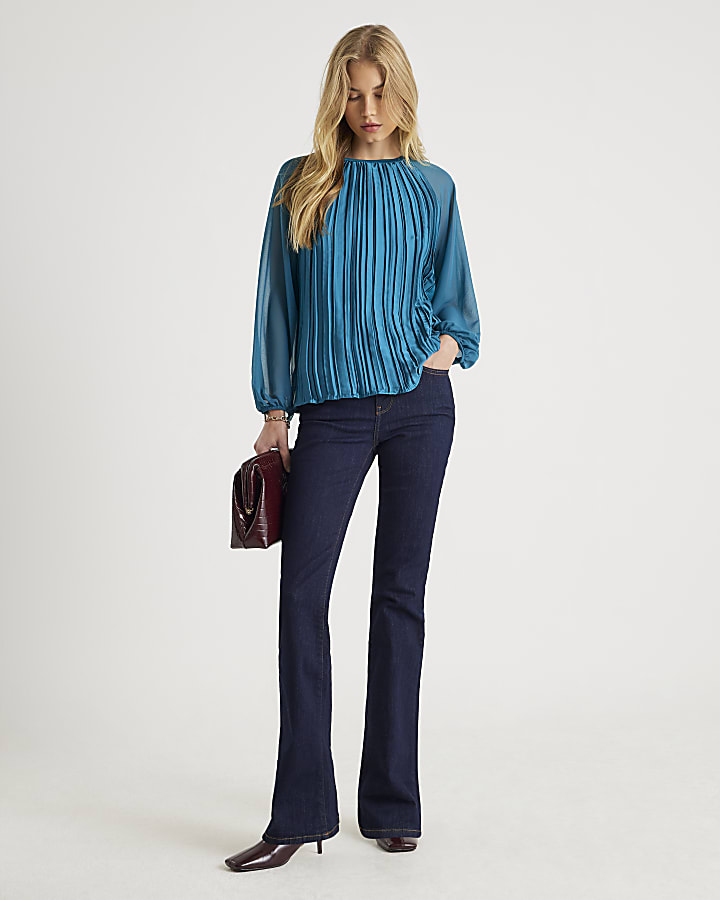 Blue Jersey Back Pleated Long Sleeve Top
