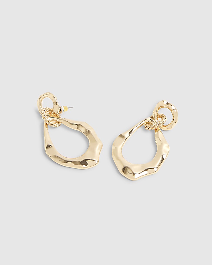 Gold Hammered Oval Drop Earrings