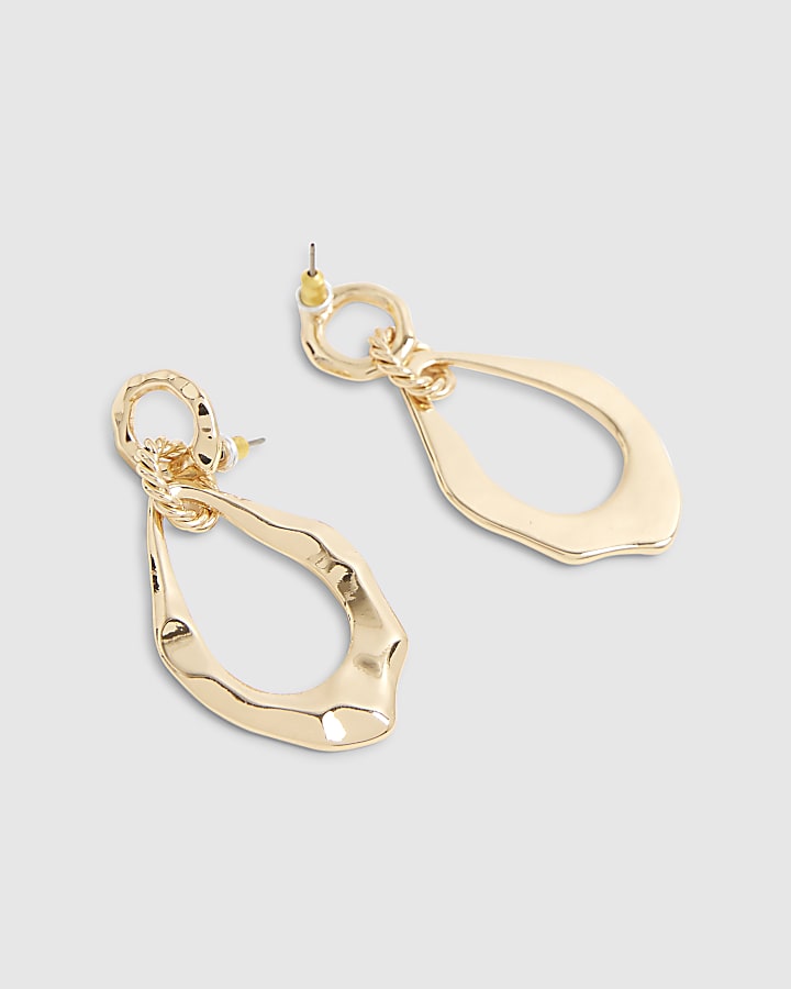 Gold Hammered Oval Drop Earrings