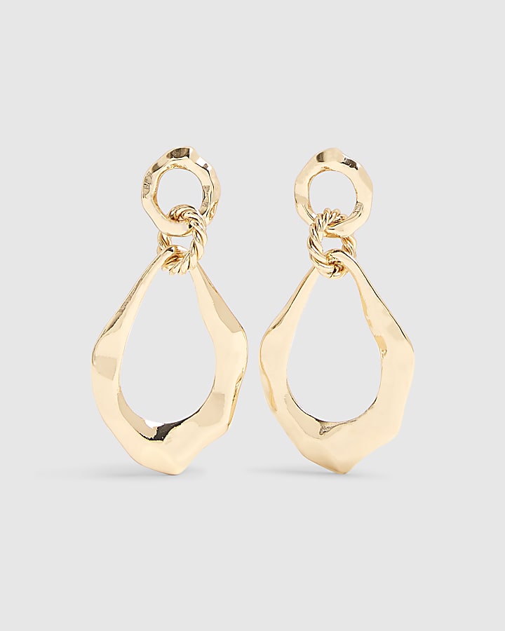 Gold Hammered Oval Drop Earrings