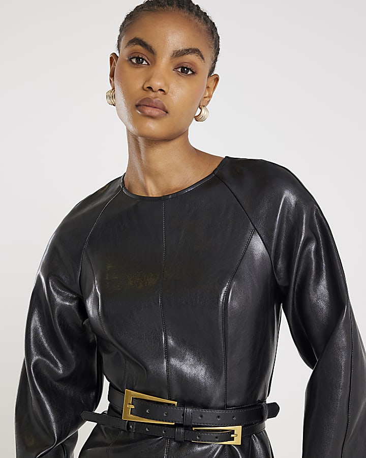 Black faux leather Long Sleeve Mini Dress