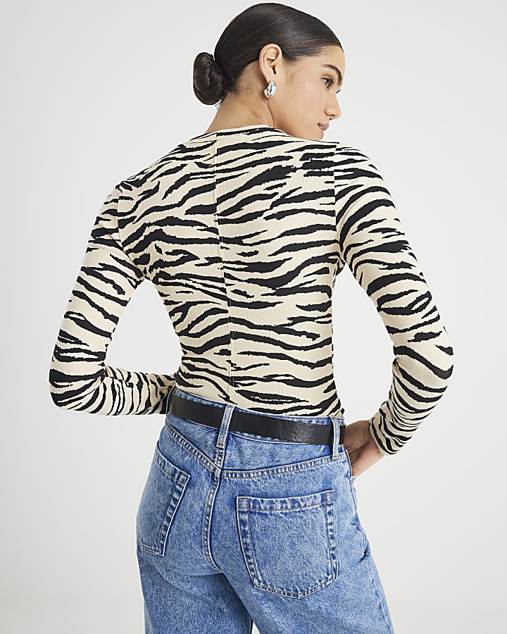 Black Long Sleeve Zebra Print Top