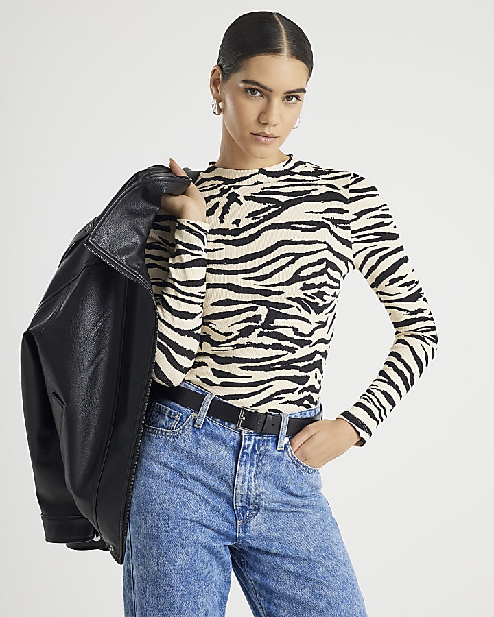 Black Long Sleeve Zebra Print Top