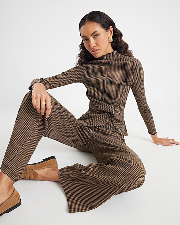 Brown Check Wide Leg Trousers