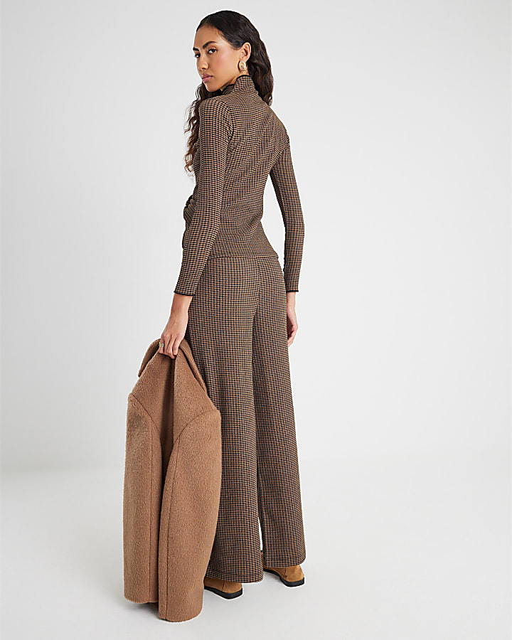 Brown Check Wide Leg Trousers
