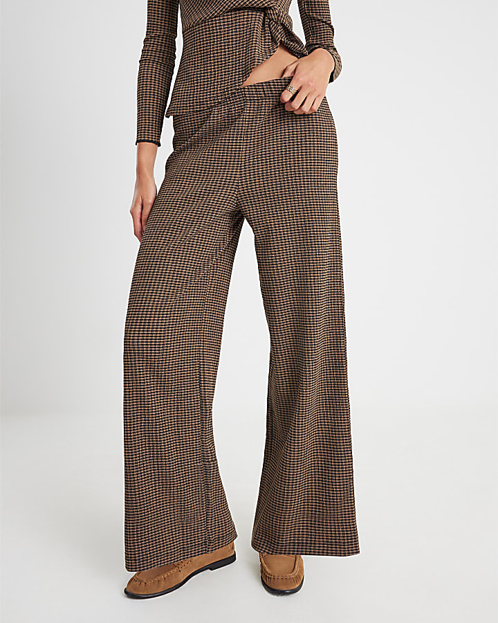 Brown Check Wide Leg Trousers