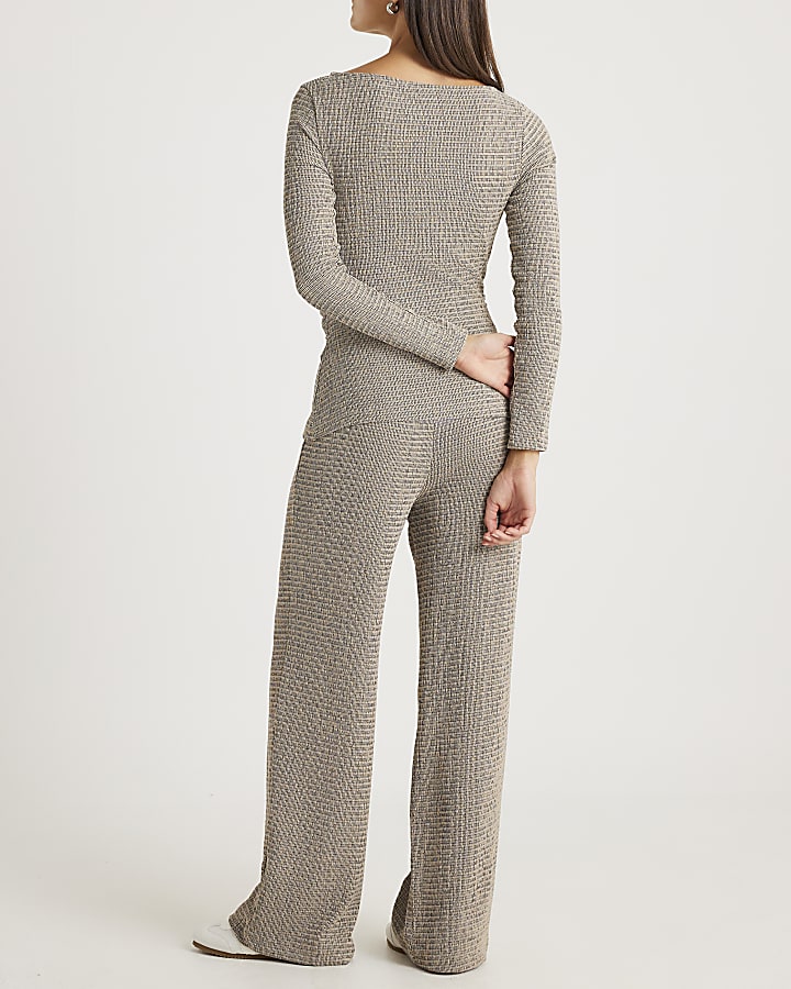 Grey Textured Wide Leg Trousers