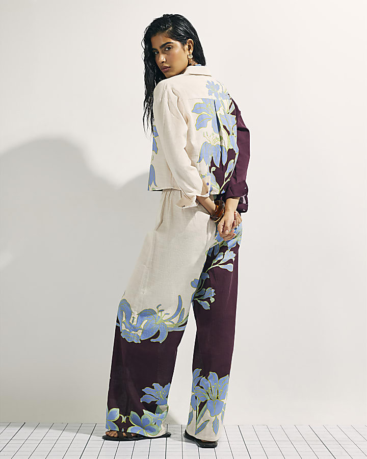 Cream Floral Wide Leg Beach Trousers