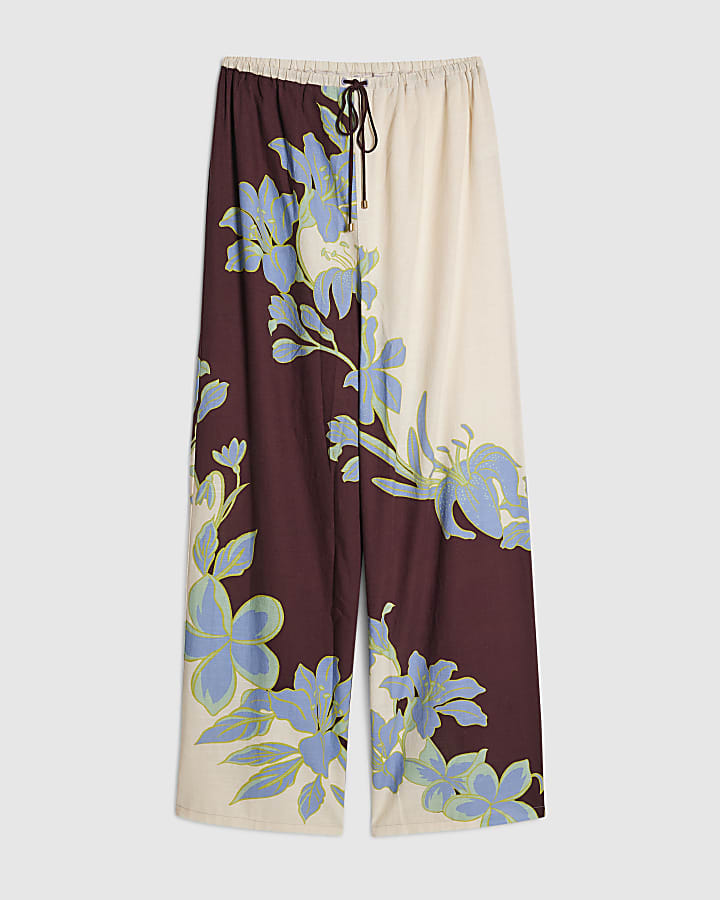 Cream Floral Wide Leg Beach Trousers