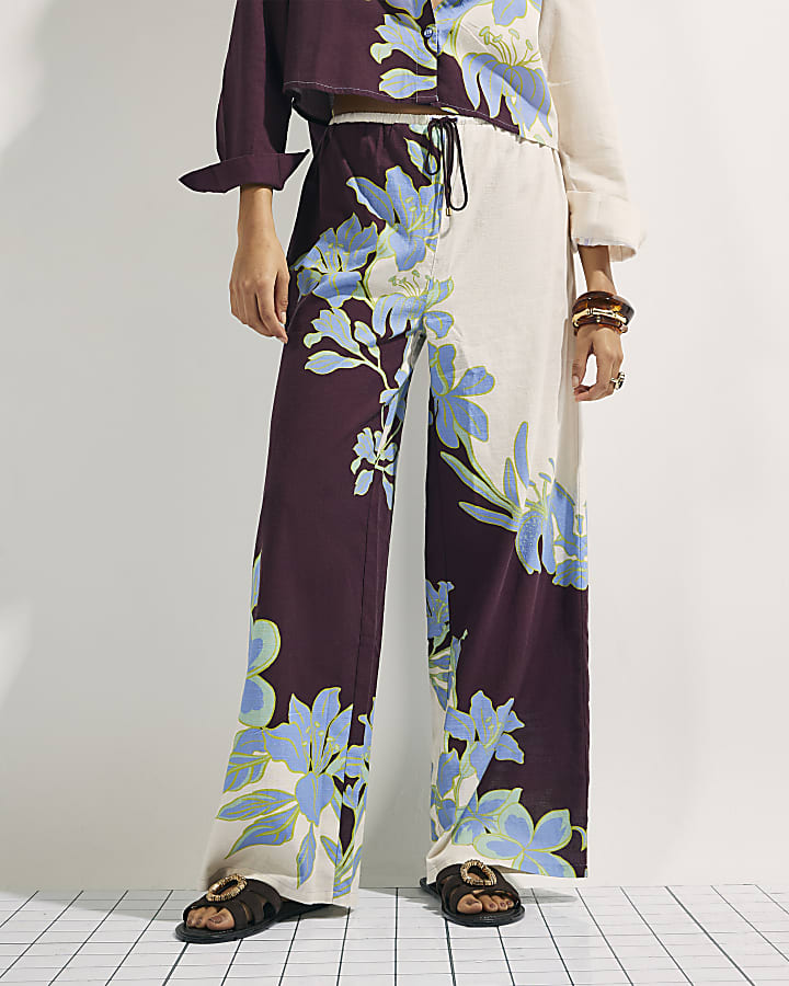 Cream Floral Wide Leg Beach Trousers