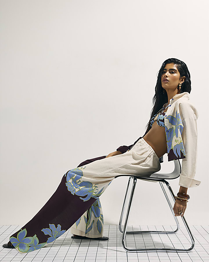 Cream Floral Wide Leg Beach Trousers