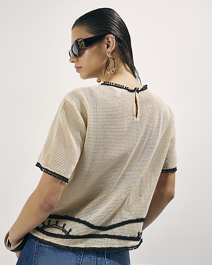 Cream Crochet Palm Print Boxy Top