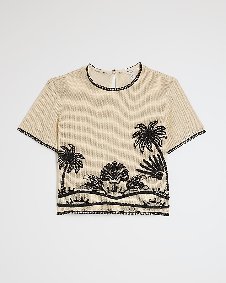 Cream Crochet Palm Print Boxy Top