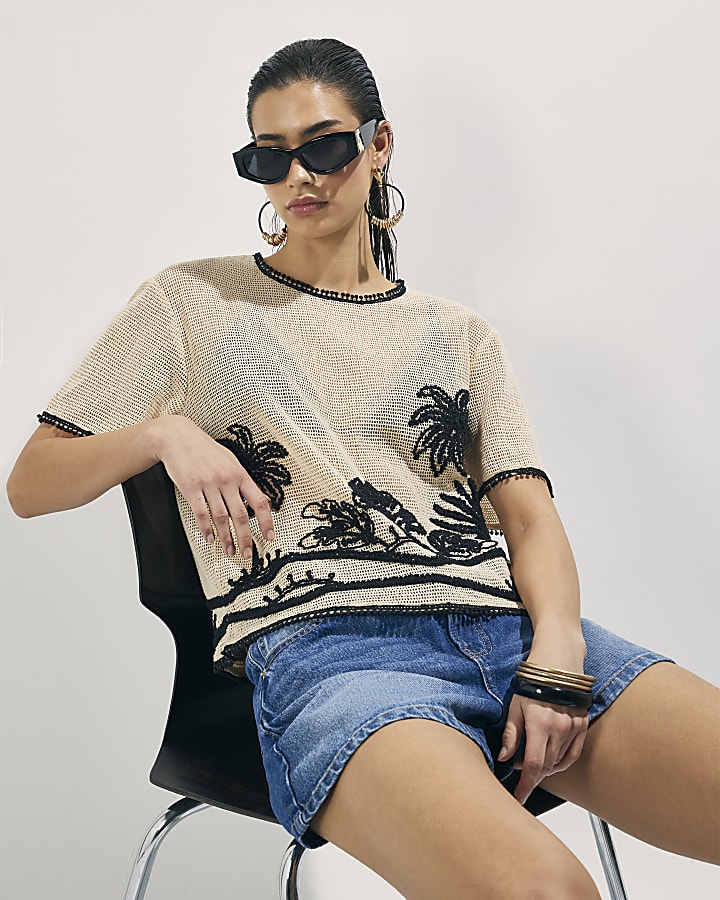 Cream Crochet Palm Print Boxy Top