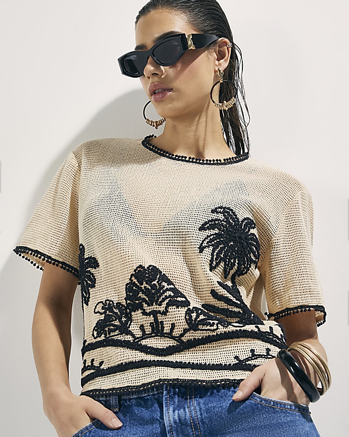 Cream Crochet Palm Print Boxy Top