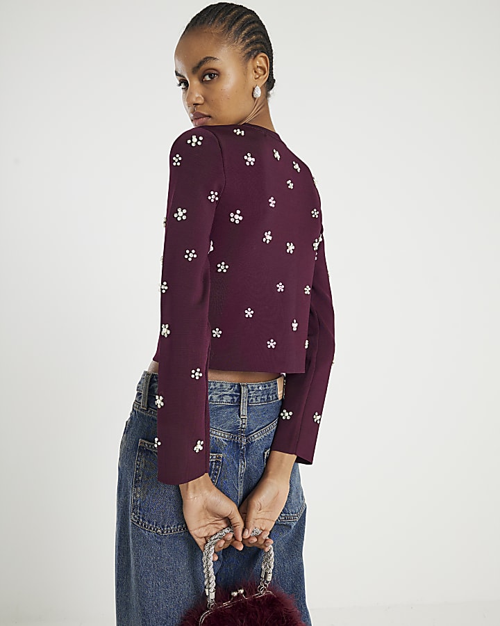 Red Long sleeve Embellished Cardigan