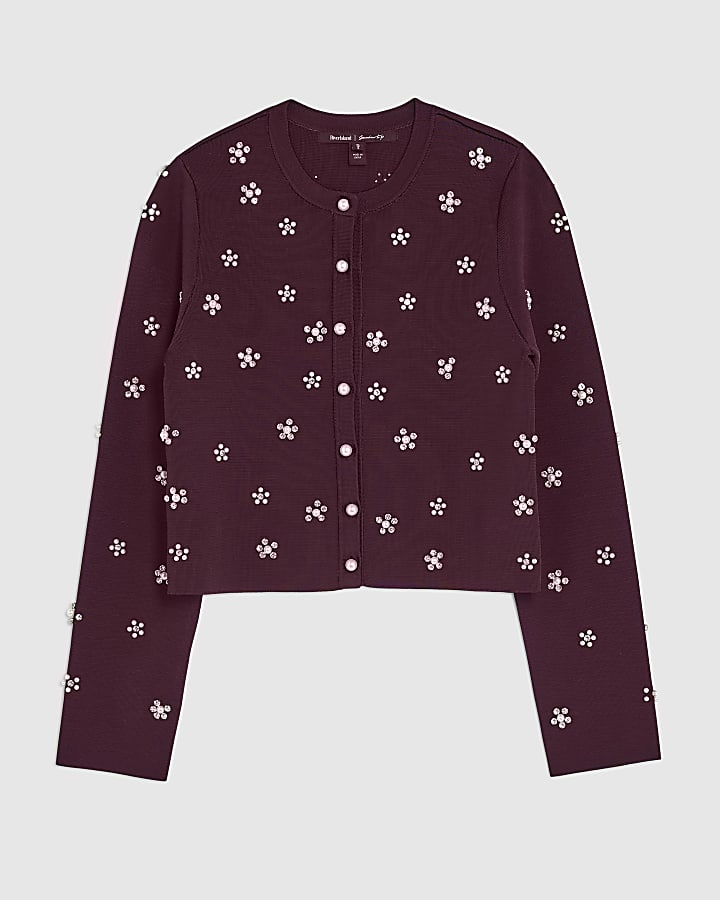 Red Long sleeve Embellished Cardigan