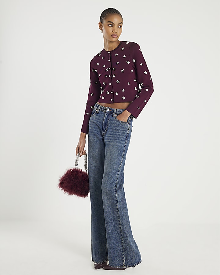 Red Long sleeve Embellished Cardigan