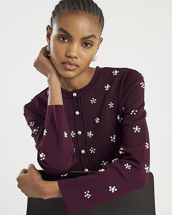 Red Long sleeve Embellished Cardigan