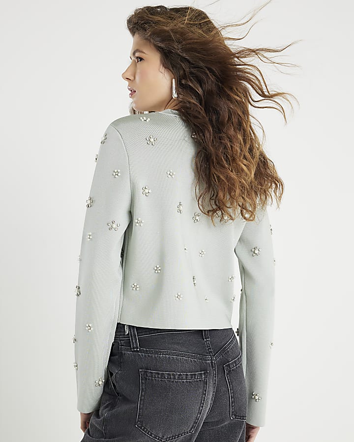 Green Long Sleeve Embellished Cardigan