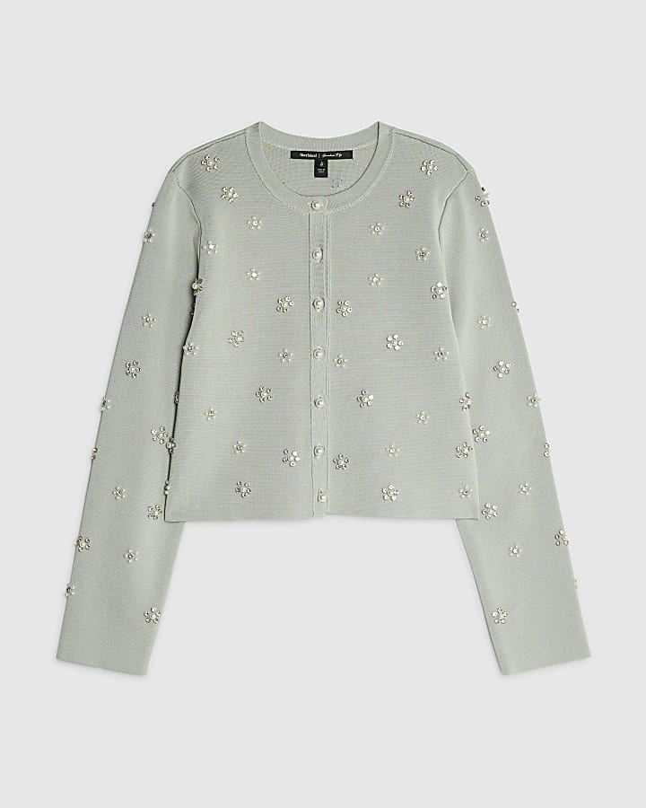 Green Long Sleeve Embellished Cardigan