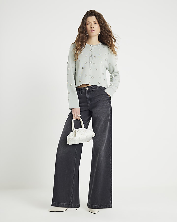 Green Long Sleeve Embellished Cardigan