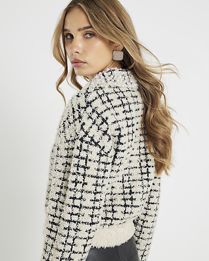 Cream Boucle Knit Pearl Trim Cardigan