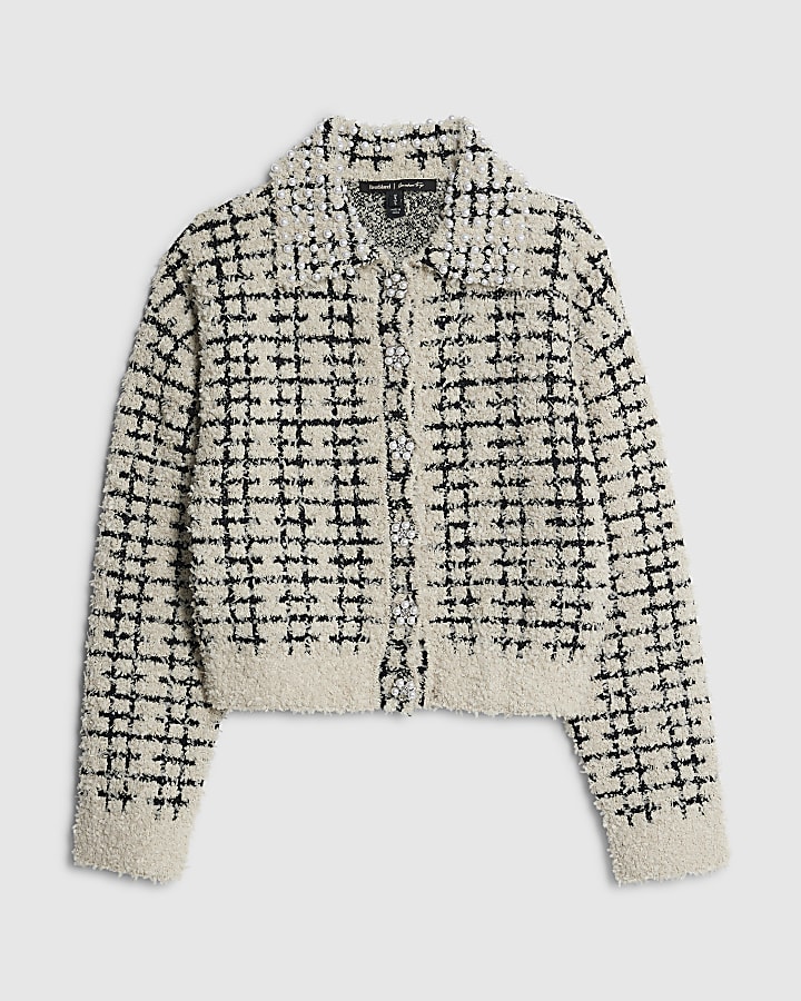 Cream Boucle Knit Pearl Trim Cardigan